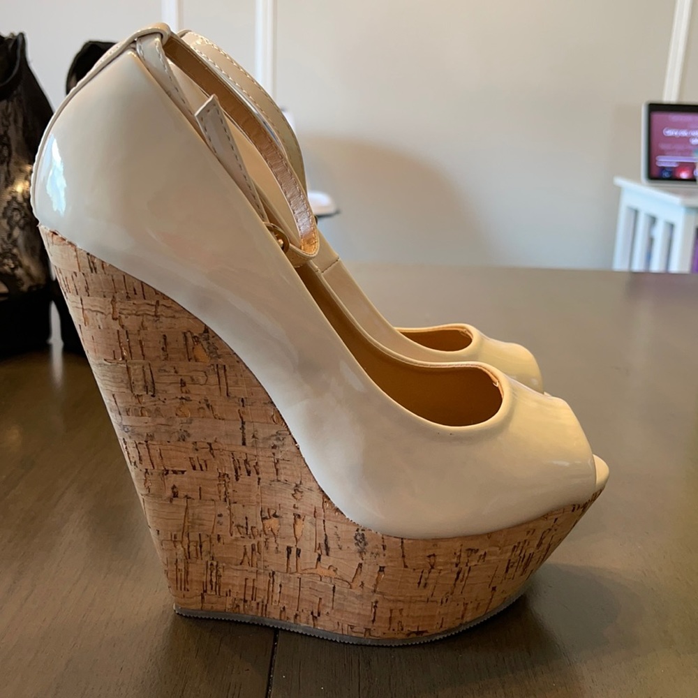 Tan Patent Leather Cork Wedge Size 7.5/38